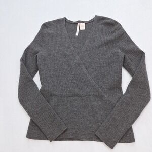 Rosie‎ Glow Sweater Womens Large Grey Merino Wool Wrap V Neck Ribbed Classic Y2K